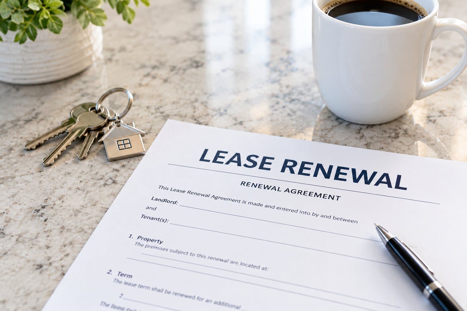 Lease renewal document on the kitchen counter with house keys and a cup of coffee